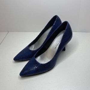 Christian Siriano Jeena Blue Snake Print Leather Pumps Heels Silver Womens